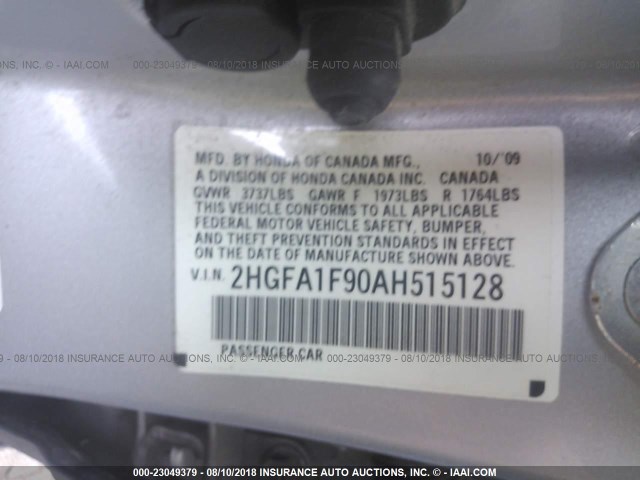 2HGFA1F90AH515128 - 2010 HONDA CIVIC EXL 银色 照片 9