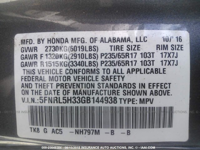 5FNRL5H33GB144938 - 2016 HONDA ODYSSEY SE GRAY photo 9