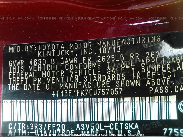 4T1BF1FK7EU757057 - 2014 TOYOTA CAMRY L/SE/LE/XLE RED photo 9