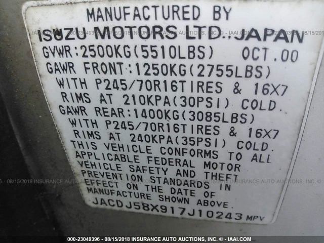 JACDJ58X917J10243 - 2001 ISUZU TROOPER S/LS/LIMITED 银色 照片 9