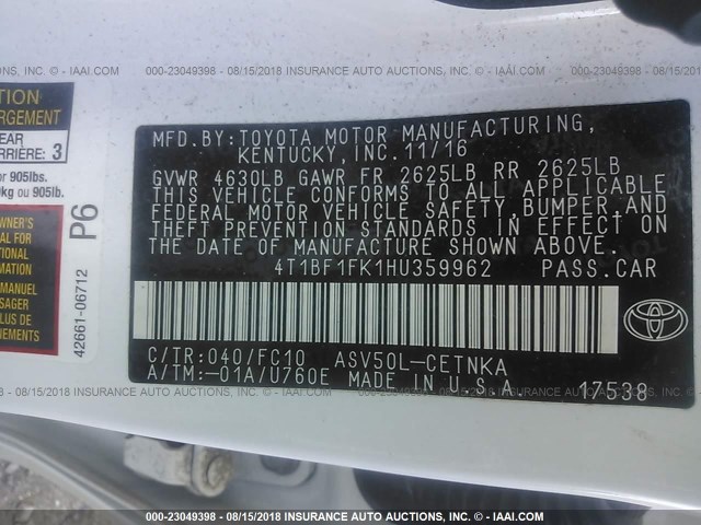 4T1BF1FK1HU359962 - 2017 TOYOTA CAMRY LE/XLE/SE/XSE 白色 照片 9