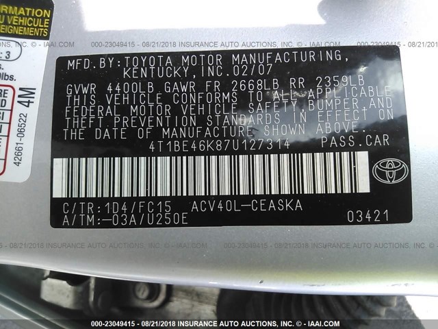 4T1BE46K87U127314 - 2007 TOYOTA CAMRY NEW GENERAT CE/LE/XLE/SE SILVER photo 9