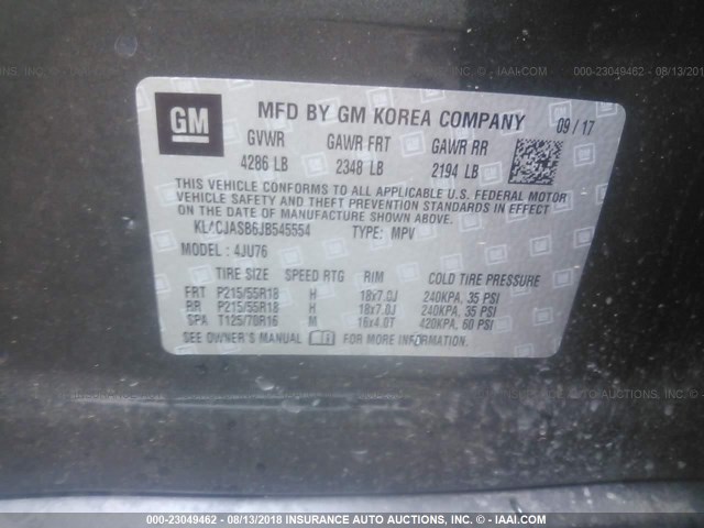 KL4CJASB6JB545554 - 2018 BUICK ENCORE PREFERRED Сұр фото 9