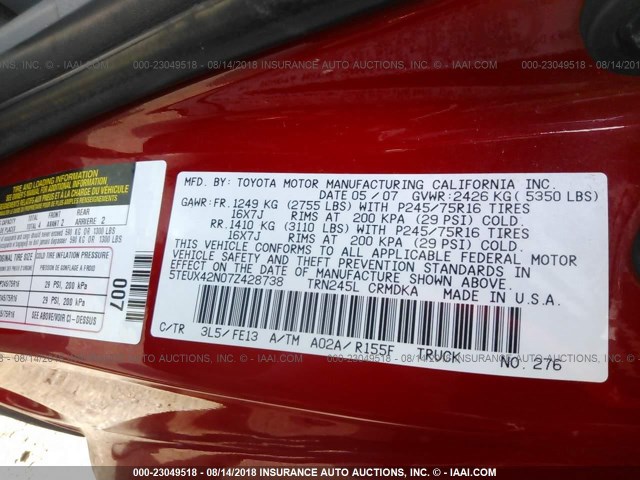 5TEUX42N07Z428738 - 2007 TOYOTA TACOMA ACCESS CAB Rot Foto 9