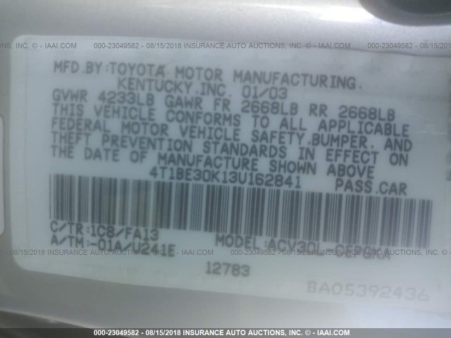 4T1BE30K13U162841 - 2003 TOYOTA CAMRY LE/XLE/SE Gümüş foto 9