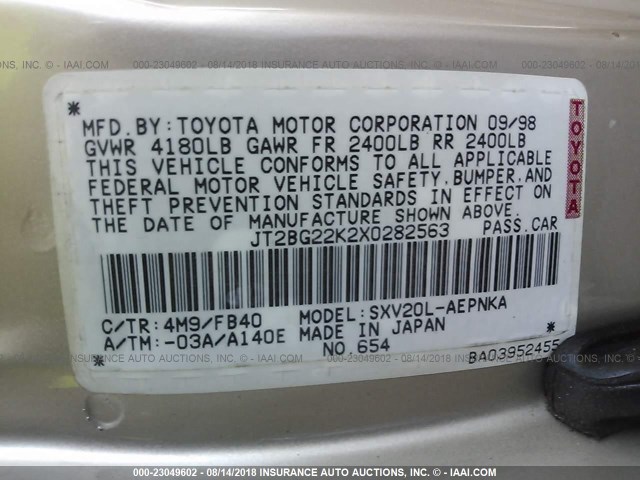 JT2BG22K2X0282563 - 1999 TOYOTA CAMRY LE/XLE 米色 照片 9