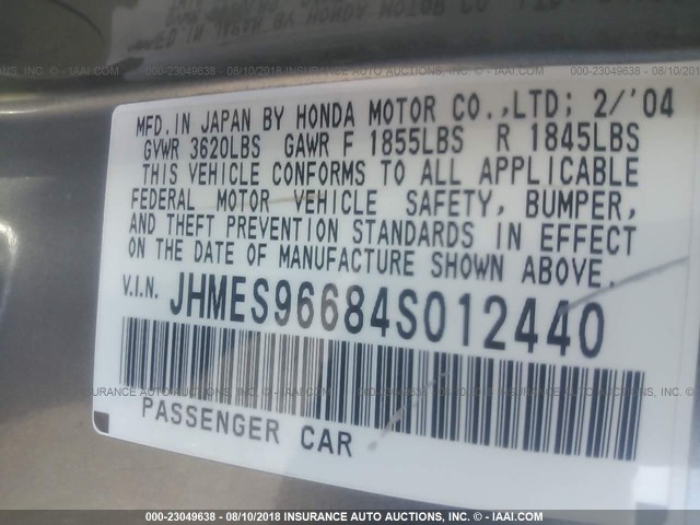 JHMES96684S012440 - 2004 HONDA CIVIC HYBRID GRAY photo 9