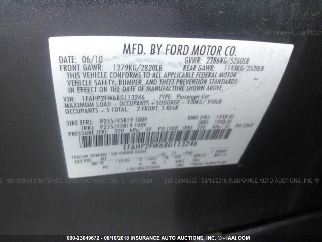 1FAHP2FW6BG113246 - 2011 FORD TAURUS LIMITED GRAY photo 9