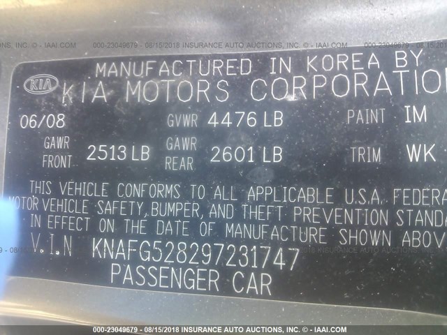 KNAFG528297231747 - 2009 KIA RONDO LX/EX GRAY photo 9