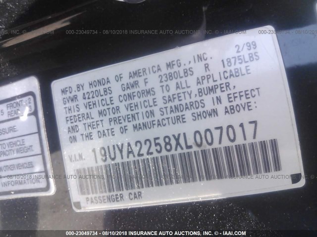 19UYA2258XL007017 - 1999 ACURA 3.0CL Czarny zdjęcie 9