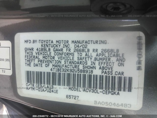 4T1BE32K92U588918 - 2002 TOYOTA CAMRY LE/XLE/SE Сұр фото 9