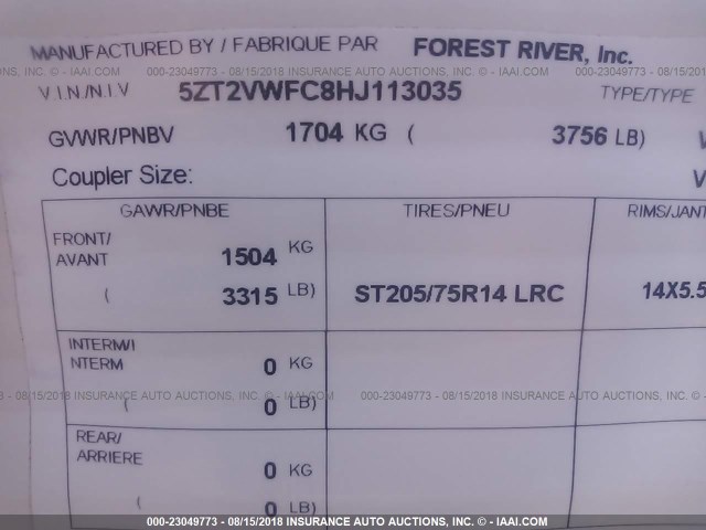 5ZT2VWFC8HJ113035 - 2017 FOREST RIVER SAGA  棕色 照片 9