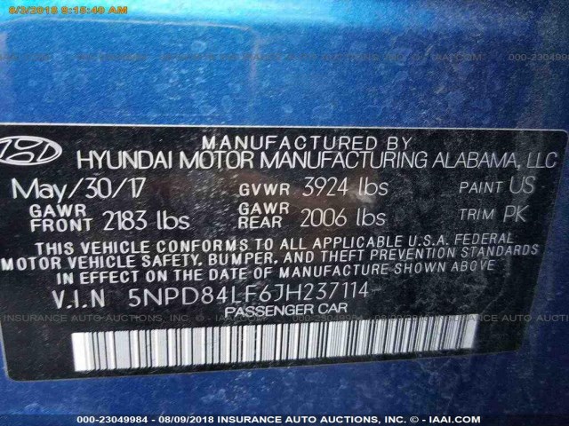 5NPD84LF6JH237114 - 2018 HYUNDAI ELANTRA SEL/VALUE/LIMITED BLUE photo 12