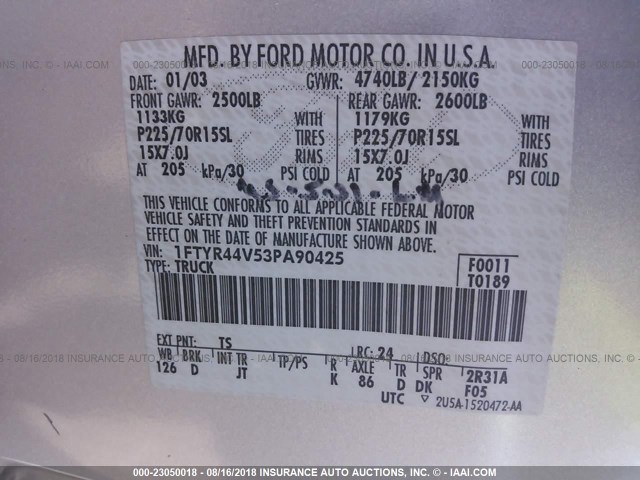 1FTYR44V53PA90425 - 2003 FORD RANGER SUPER CAB SILVER photo 9