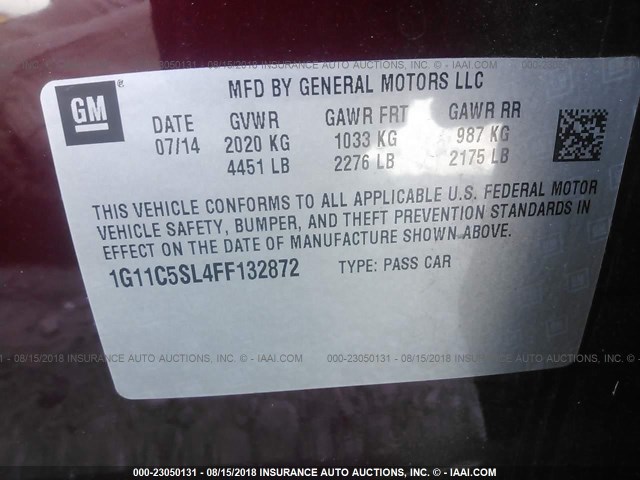 1G11C5SL4FF132872 - 2015 CHEVROLET MALIBU 1LT წითელი ფოტო 9