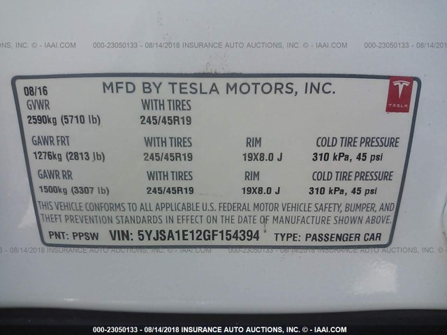 5YJSA1E12GF154394 - 2016 TESLA MODEL S WHITE photo 9