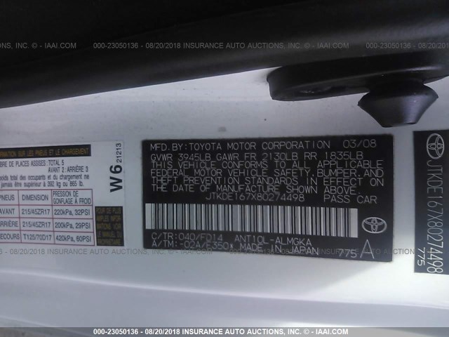 JTKDE167X80274498 - 2008 TOYOTA SCION TC 白色 照片 9