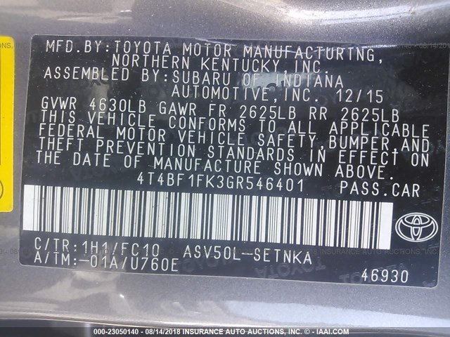 4T4BF1FK3GR546401 - 2016 TOYOTA CAMRY LE/XLE/SE/XSE 灰色 照片 9