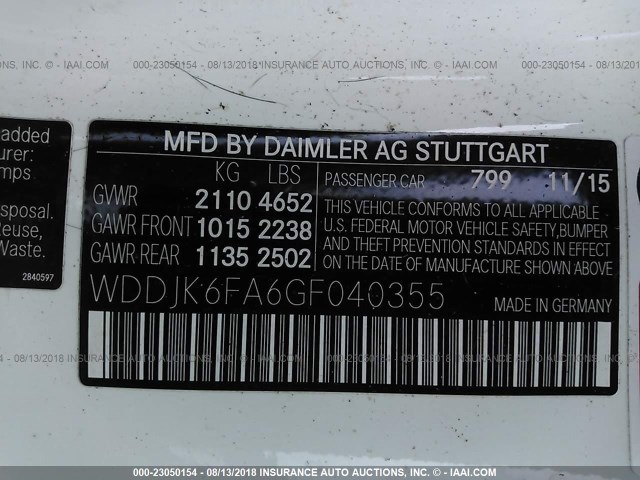 WDDJK6FA6GF040355 - 2016 MERCEDES-BENZ SL 400 WHITE photo 9