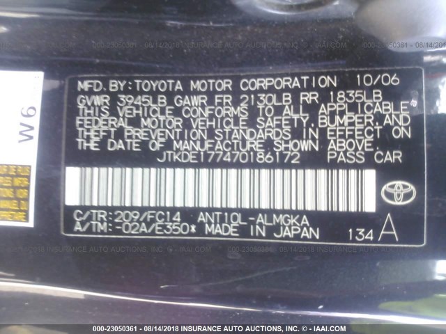 JTKDE177470186172 - 2007 TOYOTA SCION TC 黑色 照片 9