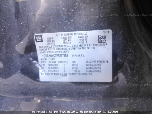 1GKS2HKC7FR507253 - 2015 GMC YUKON XL K1500 SLT GRAY photo 9