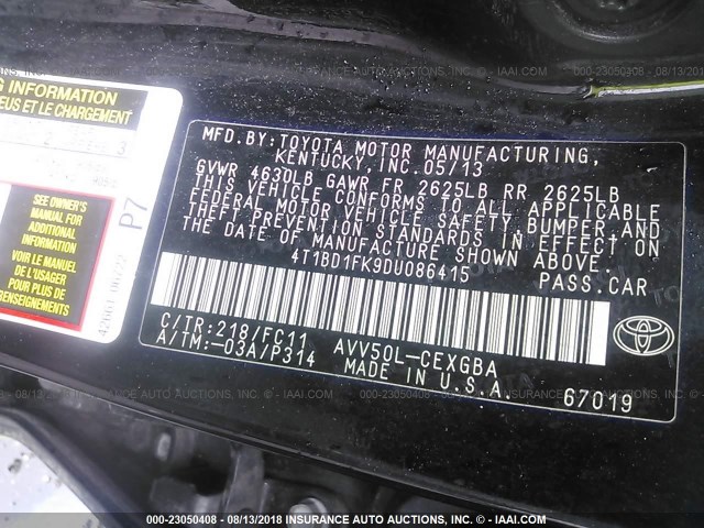 4T1BD1FK9DU086415 - 2013 TOYOTA CAMRY HYBRID/LE/XLE 绿色 照片 9