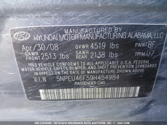 5NPEU46F59H454984 - 2009 HYUNDAI SONATA SE/LIMITED BLUE photo 9