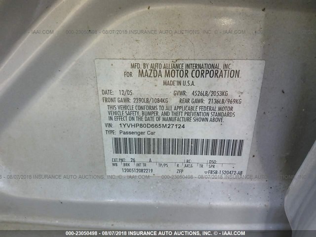 1YVHP80D665M27124 - 2006 MAZDA 6 S SILVER photo 9