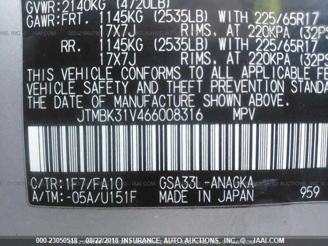 JTMBK31V466008316 - 2006 TOYOTA RAV4 LIMITED SILVER photo 9