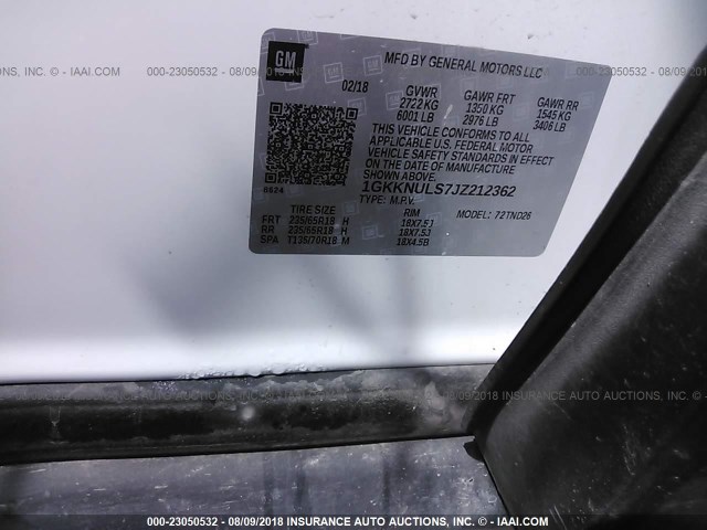 1GKKNULS7JZ212362 - 2018 GMC ACADIA SLT-1 Biały zdjęcie 9