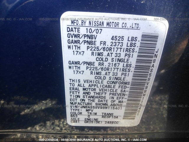 JN8AS58V98W115401 - 2008 NISSAN ROGUE S/SL BLUE photo 9