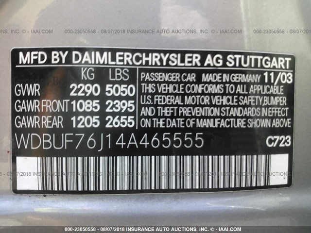 WDBUF76J14A465555 - 2004 MERCEDES-BENZ E 55 AMG SILVER photo 9