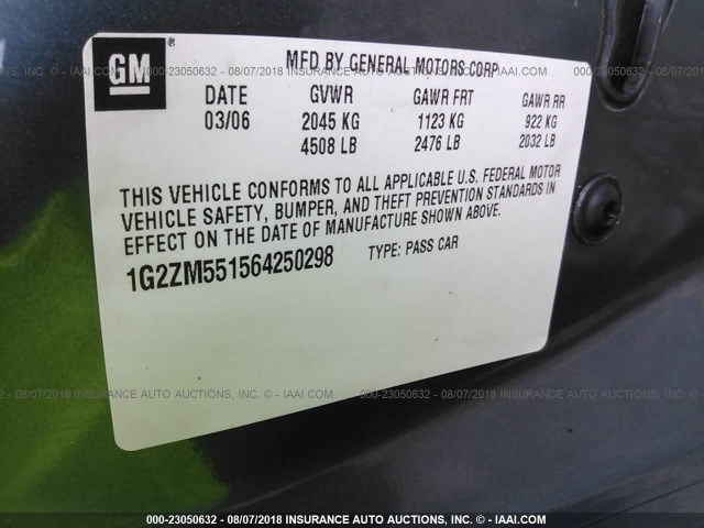 1G2ZM551564250298 - 2006 PONTIAC G6 GTP BLUE photo 9