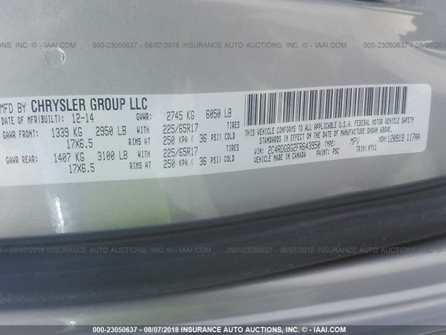 2C4RDGBG2FR643950 - 2015 DODGE GRAND CARAVAN SE SILVER photo 9