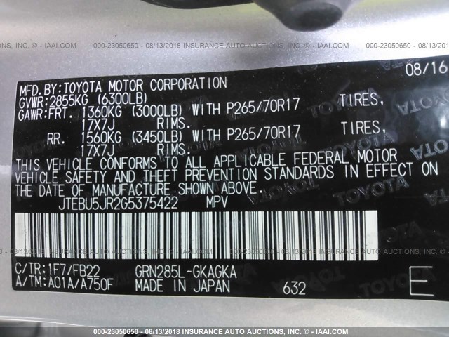 JTEBU5JR2G5375422 - 2016 TOYOTA 4RUNNER SR5 PREM/LTDL/TRAIL/TRD SILVER photo 9