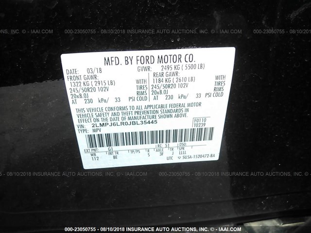 2LMPJ6LR0JBL35445 - 2018 LINCOLN MKX RESERVE Սև լուսանկար 9