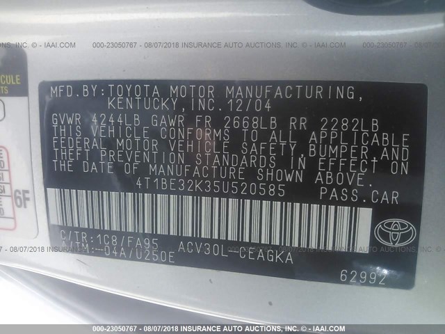 4T1BE32K35U520585 - 2005 TOYOTA CAMRY LE/XLE/SE Gümüş foto 9