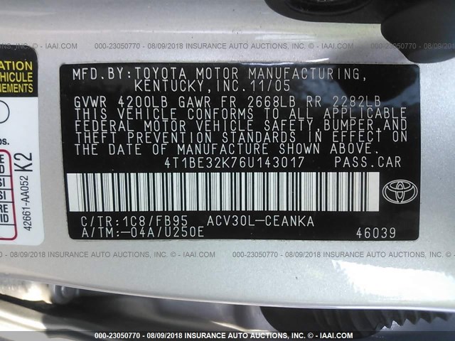 4T1BE32K76U143017 - 2006 TOYOTA CAMRY LE/XLE/SE Gümüş foto 9