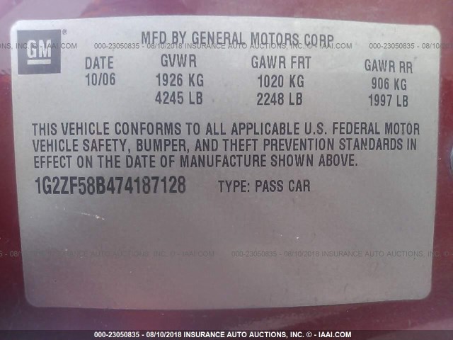 1G2ZF58B474187128 - 2007 PONTIAC G6 VALUE LEADER/BASE RED photo 9