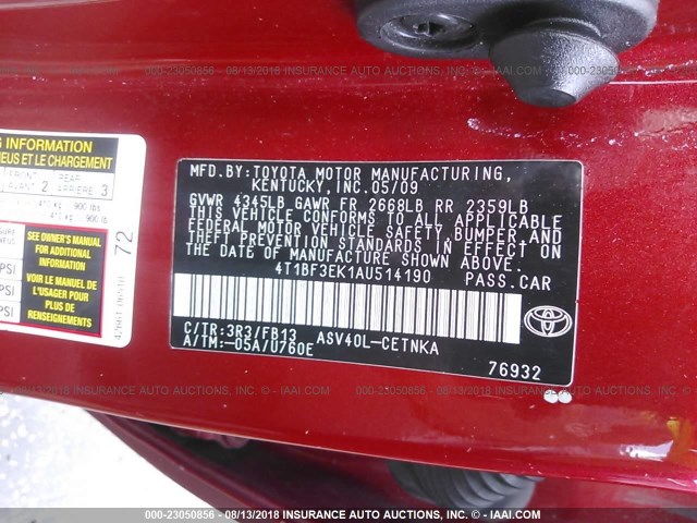 4T1BF3EK1AU514190 - 2010 TOYOTA CAMRY SE/LE/XLE 红色 照片 9