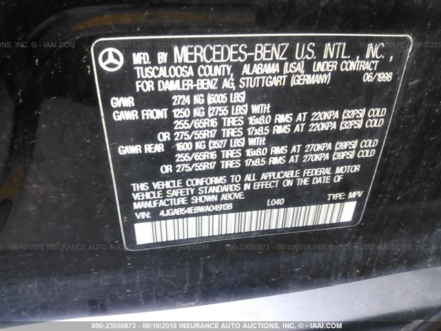 4JGAB54E8WA049138 - 1998 MERCEDES-BENZ ML 320 BLACK photo 9