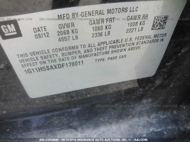 1G11H5SAXDF178011 - 2013 CHEVROLET MALIBU LTZ 黑色 照片 9