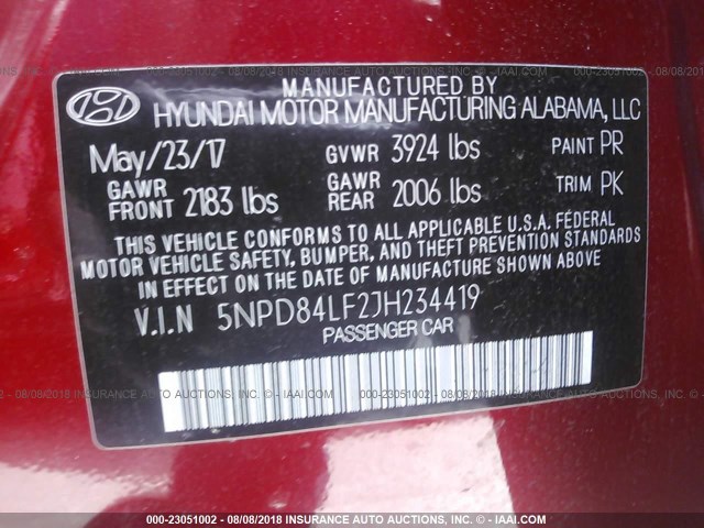 5NPD84LF2JH234419 - 2018 HYUNDAI ELANTRA SEL/VALUE/LIMITED RED photo 9