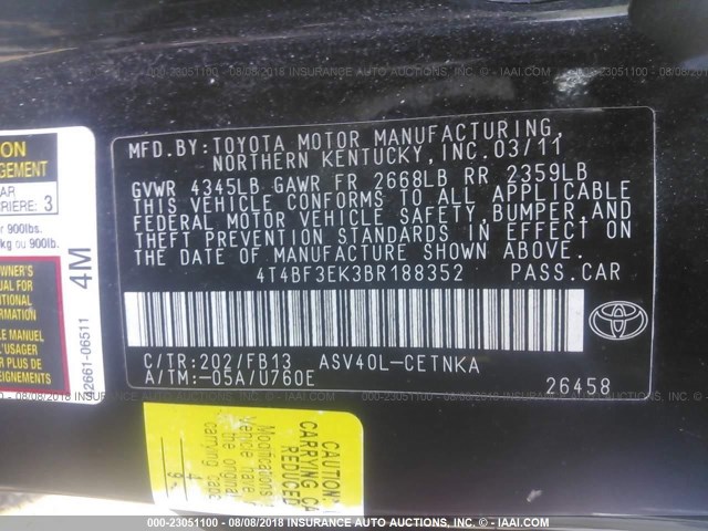4T4BF3EK3BR188352 - 2011 TOYOTA CAMRY SE/LE/XLE BLACK photo 9