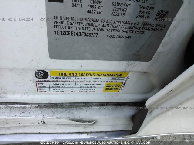 1G1ZC5E14BF343707 - 2011 CHEVROLET MALIBU 1LT თეთრი ფოტო 9