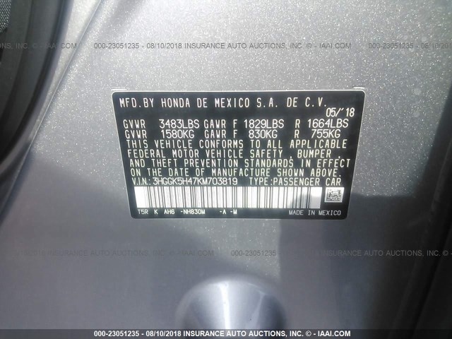 3HGGK5H47KM703819 - 2019 HONDA FIT LX SILVER photo 9