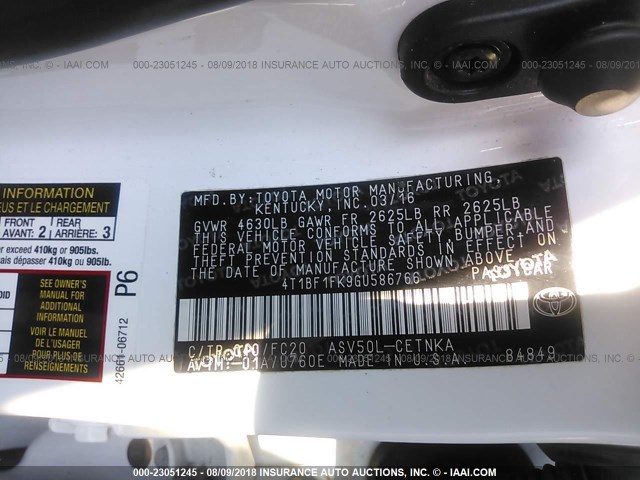 4T1BF1FK9GU586766 - 2016 TOYOTA CAMRY LE/XLE/SE/XSE WHITE photo 9