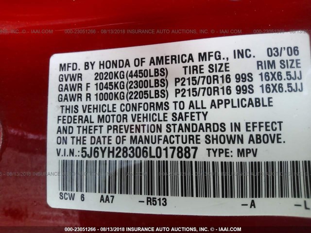 5J6YH28306L017887 - 2006 HONDA ELEMENT LX RED photo 9