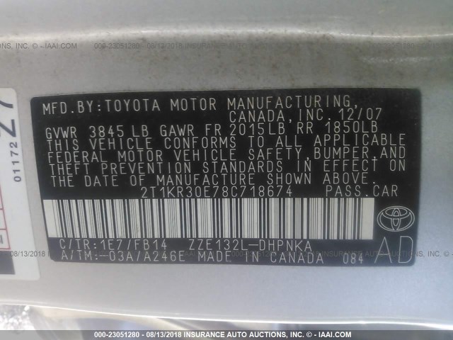 2T1KR30E78C718674 - 2008 TOYOTA COROLLA MATRIX XR SILVER photo 9