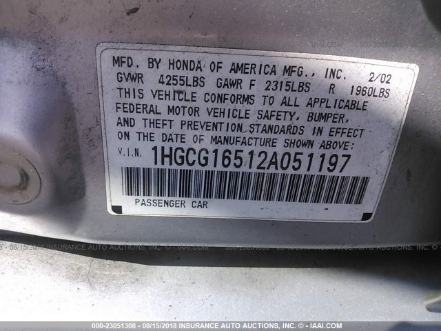 1HGCG16512A051197 - 2002 HONDA ACCORD EX SILVER photo 9